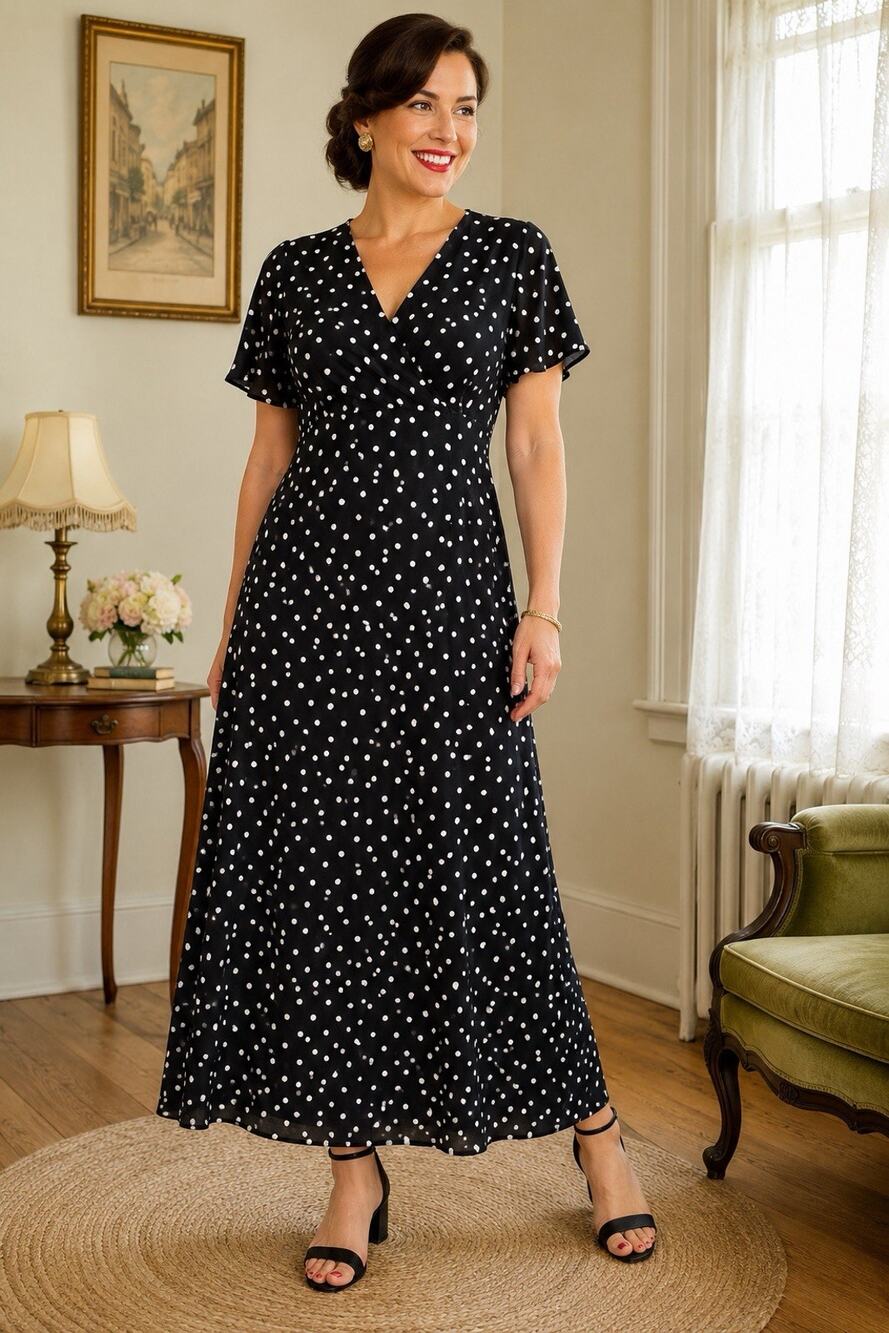 Vintage Newport News Dress Women’s 12 Black White Polka Dot Maxi 54” Lined